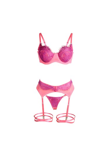 SUBBLIME - 955359 SET SUJETADOR CON ENCAJE Y LIGUEROS ROSA Y MORADO S/M