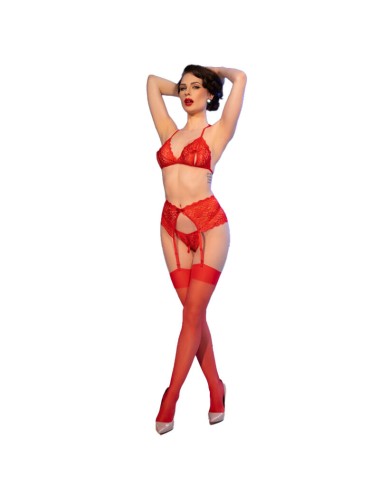 CHILIROSE - CR 4848 SET SUJETADOR + TANGA + MEDIAS DE ENCAJE ROJO L