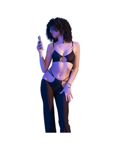 CHILIROSE - CR 4851 SET TOP NEGRO Y LEGGINS CON COMPLEMENTOS DORADOS M