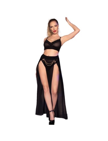 CHILIROSE - CR 4672 TOP NEGRO FALDA Y TANGA CON CADENAS DORADAS S