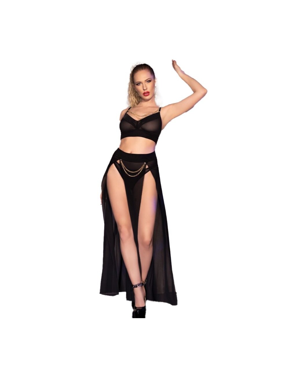 CHILIROSE - CR 4672 TOP NEGRO FALDA Y TANGA CON CADENAS DORADAS L CHILIROSE - CR 4672 TOP NEGRO FALDA Y TANGA CON CADENAS DORADAS L