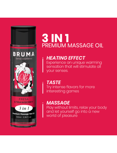 BRUMA - ACEITE DE MASAJE PREMIUM EFECTO CALOR SABOR FRESA 3 EN 1 - 100 ML