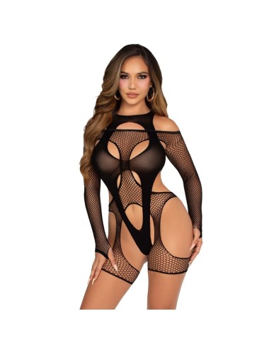 LEG AVENUE - BODY DE REJILLA CON LIGA Y ARNÉS NEGRO