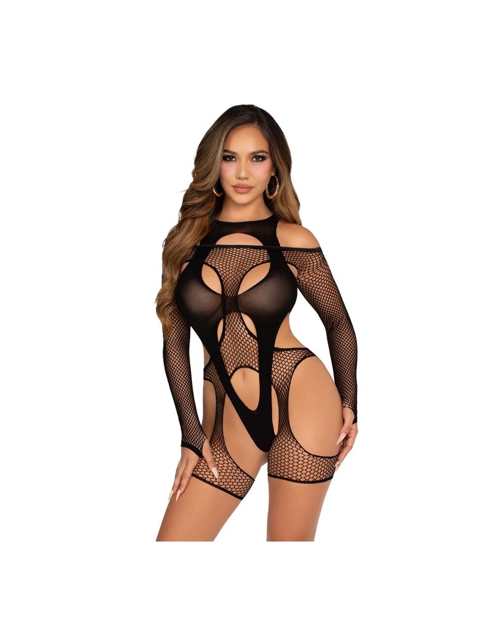 LEG AVENUE - BODY DE REJILLA CON LIGA Y ARNÉS NEGRO