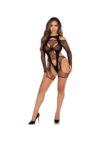 LEG AVENUE - BODY DE REJILLA CON LIGA Y ARNÉS NEGRO