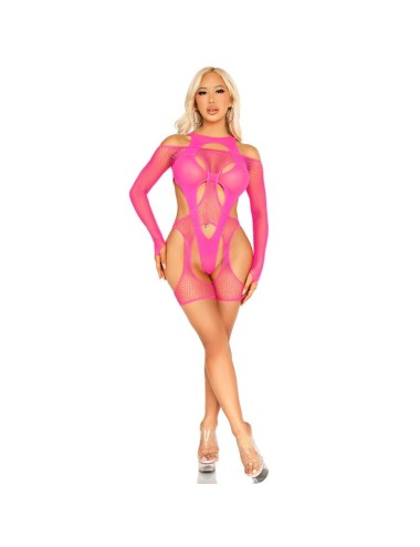 LEG AVENUE - BODY DE REJILLA CON LIGA Y ARNÉS ROSA NEÓN