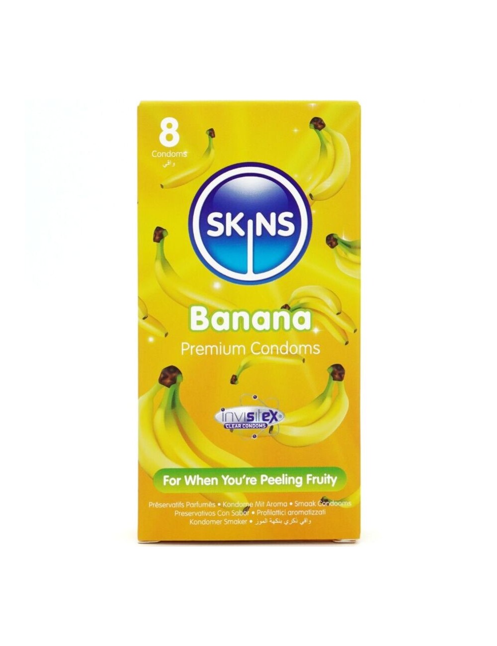 SKINS - PRESERVATIVOS PREMIUM SABOR PLÁTANO PACK 8 SKINS - PRESERVATIVOS PREMIUM SABOR PLÁTANO PACK 8