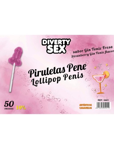 DIABLO GOLOSO - 50 PIRULETAS PENE GIN TONIC FRESA 10% ALCOHOL