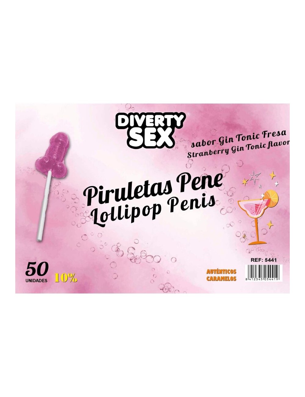 DIABLO GOLOSO - 50 PIRULETAS PENE GIN TONIC FRESA 10% ALCOHOL