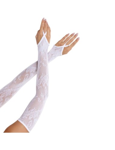 LEG AVENUE - GUANTES EXTRALARGOS CALIENTABRAZOS DE ENCAJE FLORAL BLANCO