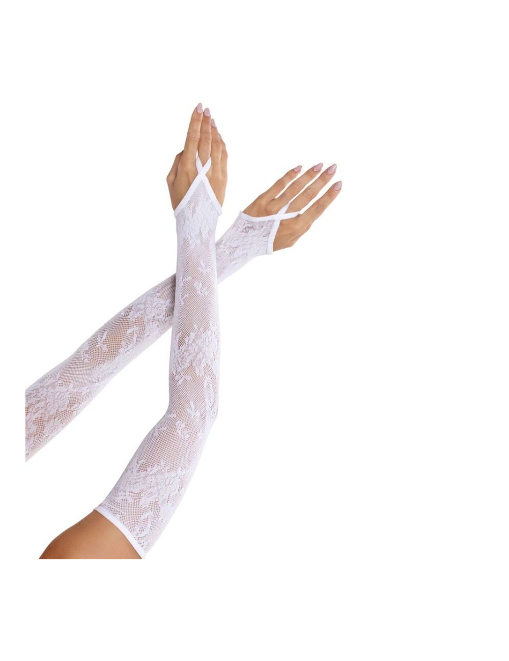 LEG AVENUE - GUANTES EXTRALARGOS CALIENTABRAZOS DE ENCAJE FLORAL BLANCO