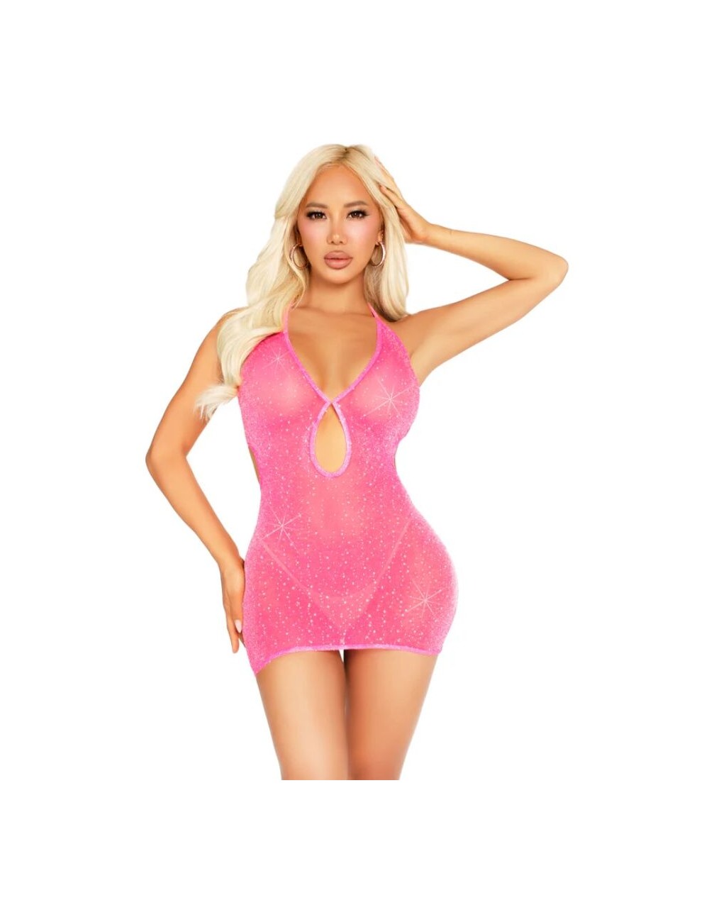 LEG AVENUE - 87203 MINI VESTIDO HALTER CON PEDRERÍA ROSA - TALLA ÚNICA