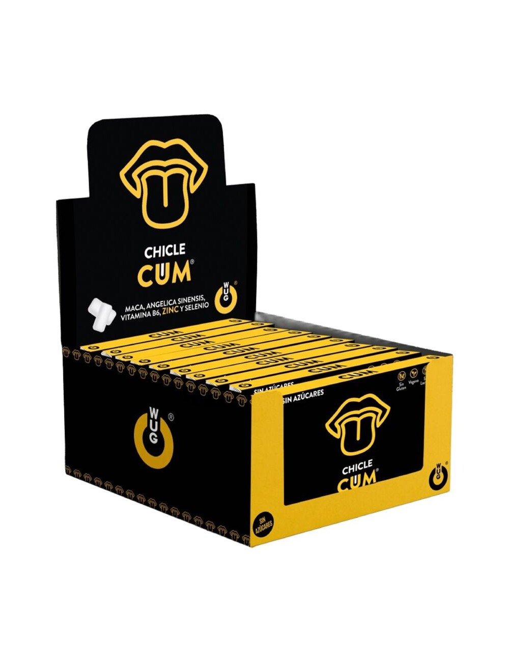 WUG CUM – DISPLAY 12 X 8 UDS | Chicle funcional con sabor a plátano para potenciar la fertilidad