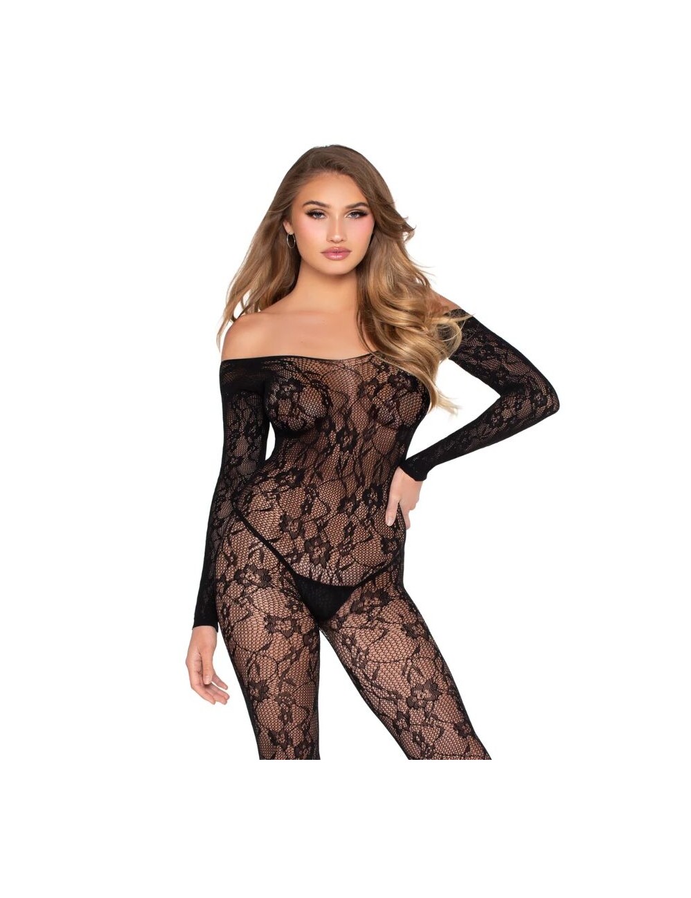 LEG AVENUE - 89366 BODYSTOCKING DE LENCERÍA DE ENCAJE NEGRO - TALLA ÚNICA