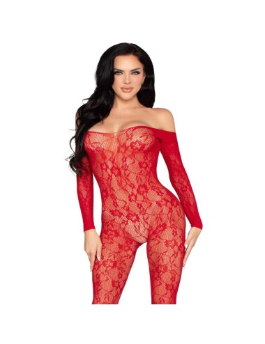 LEG AVENUE - 89366 BODYSTOCKING DE LENCERÍA DE ENCAJE ROJO - TALLA ÚNICA