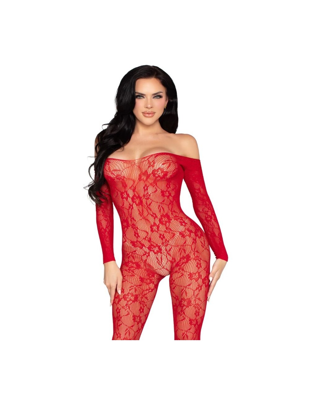LEG AVENUE - 89366 BODYSTOCKING DE LENCERÍA DE ENCAJE ROJO - TALLA ÚNICA
