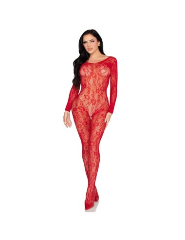 LEG AVENUE - 89366 BODYSTOCKING DE LENCERÍA DE ENCAJE ROJO - TALLA ÚNICA