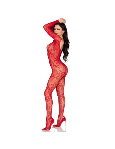 LEG AVENUE - 89366 BODYSTOCKING DE LENCERÍA DE ENCAJE ROJO - TALLA ÚNICA