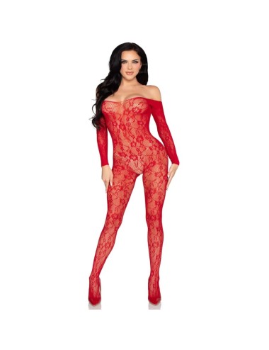 LEG AVENUE - 89366 BODYSTOCKING DE LENCERÍA DE ENCAJE ROJO - TALLA ÚNICA