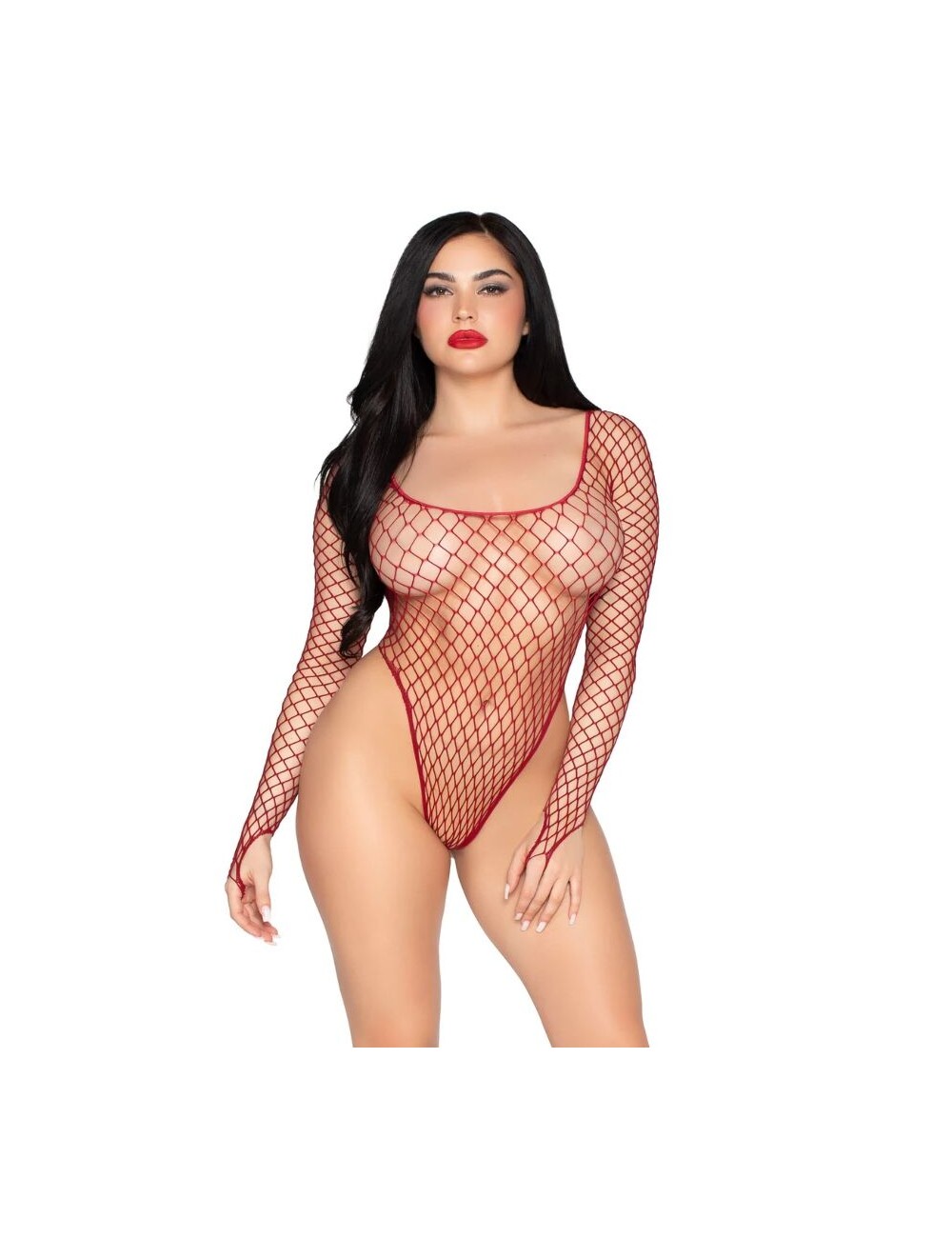 LEG AVENUE - 89377 BODYSUIT DE RED INDUSTRIAL DE CORTE ALTO ROJO - TALLA ÚNICA