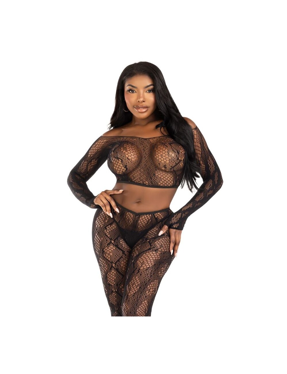 LEG AVENUE - 89373 CROP TOP Y MEDIAS SIN PIE DE PITÓN NEGRO - TALLA ÚNICA