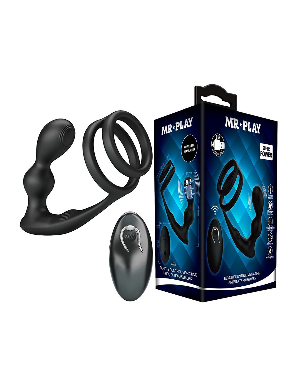 MR PLAY - ANILLO PARA PENE CON PLUG ANAL CON VIBRACIÓN CONTROL REMOTO