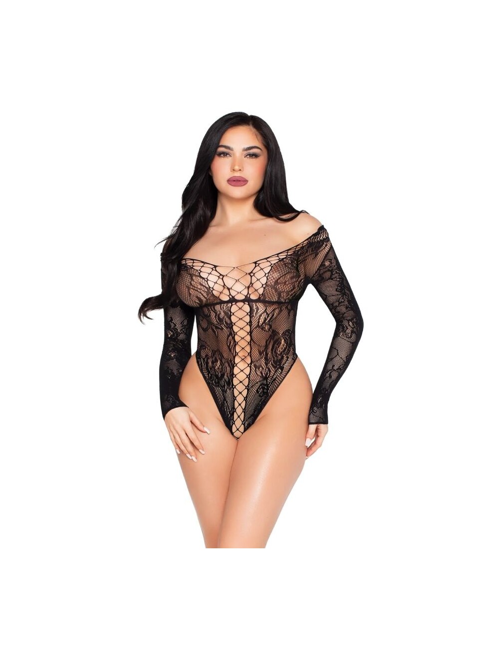 LEG AVENUE - 89370 NET AND LACE TEDDY BLACK - ONE SIZE