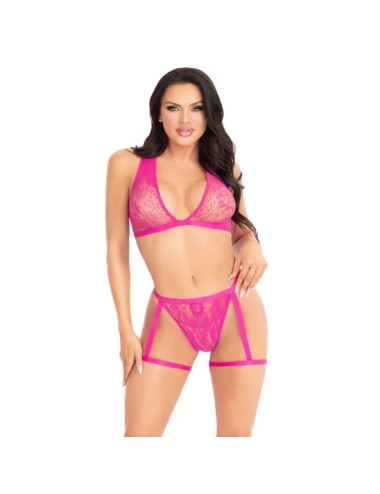 LEG AVENUE - 86148 LACE BRA TOP AND PANTY WITH GARTERS PINK - ONE SIZE