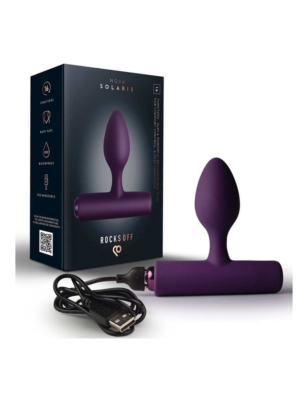 ROCKS-OFF - NOVA SOLARIS RECHARGEABLE SLIM & POWERFUL ANAL PLUG 16 FUNCTION PURPLE
