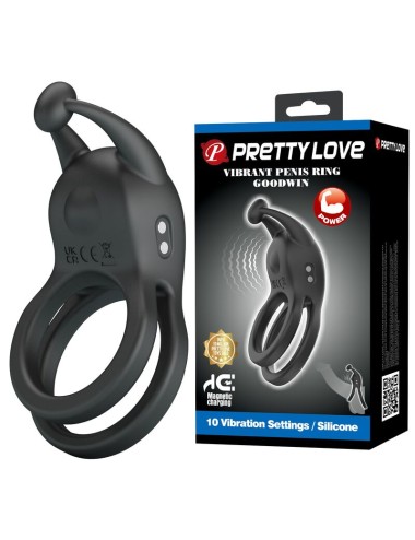 PRETTY LOVE - GOODWIN RECHARGEABLE DOUBLE VIBRATING COCK RING BLACK