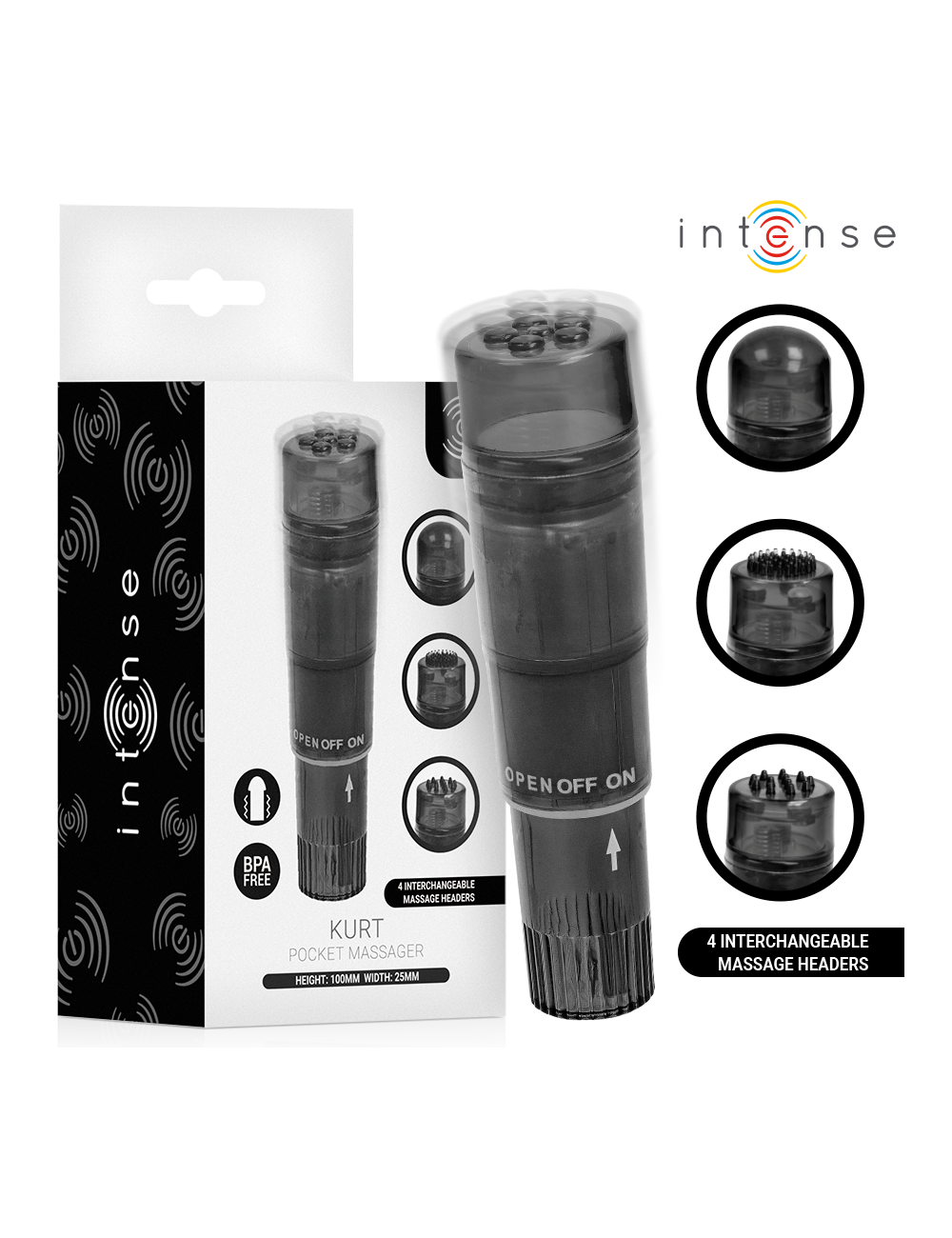 INTENSE - KURT MINI MASSAGER WITH 4 INTERCHANGEABLE HEADS BLACK